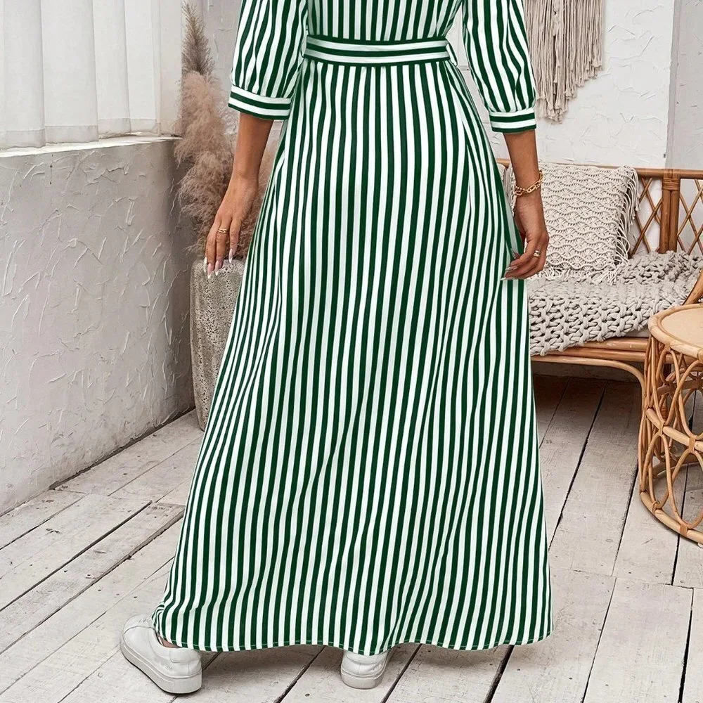 Green Boho Womens Striped Belted Shirt Dress